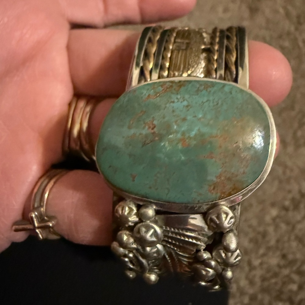 Real Turquoise and Solid Silver unisex Bracelet with 12k design. Native American